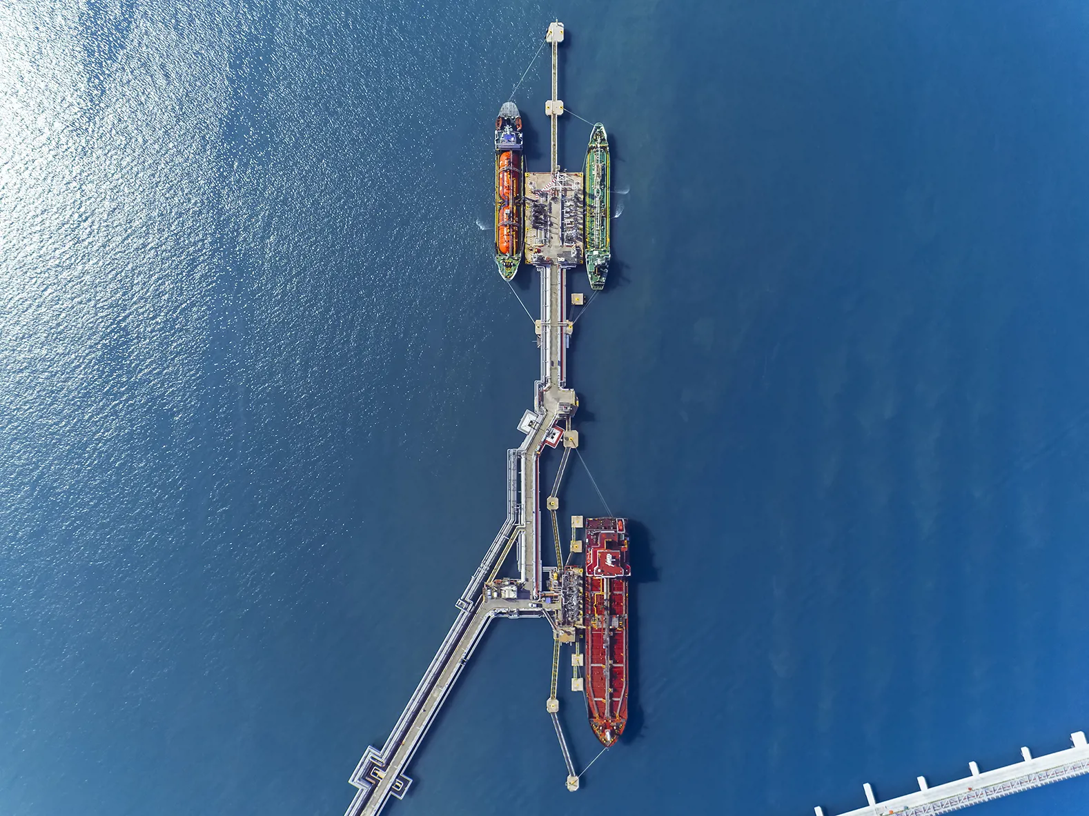 Aerial view oil tankers at oil port