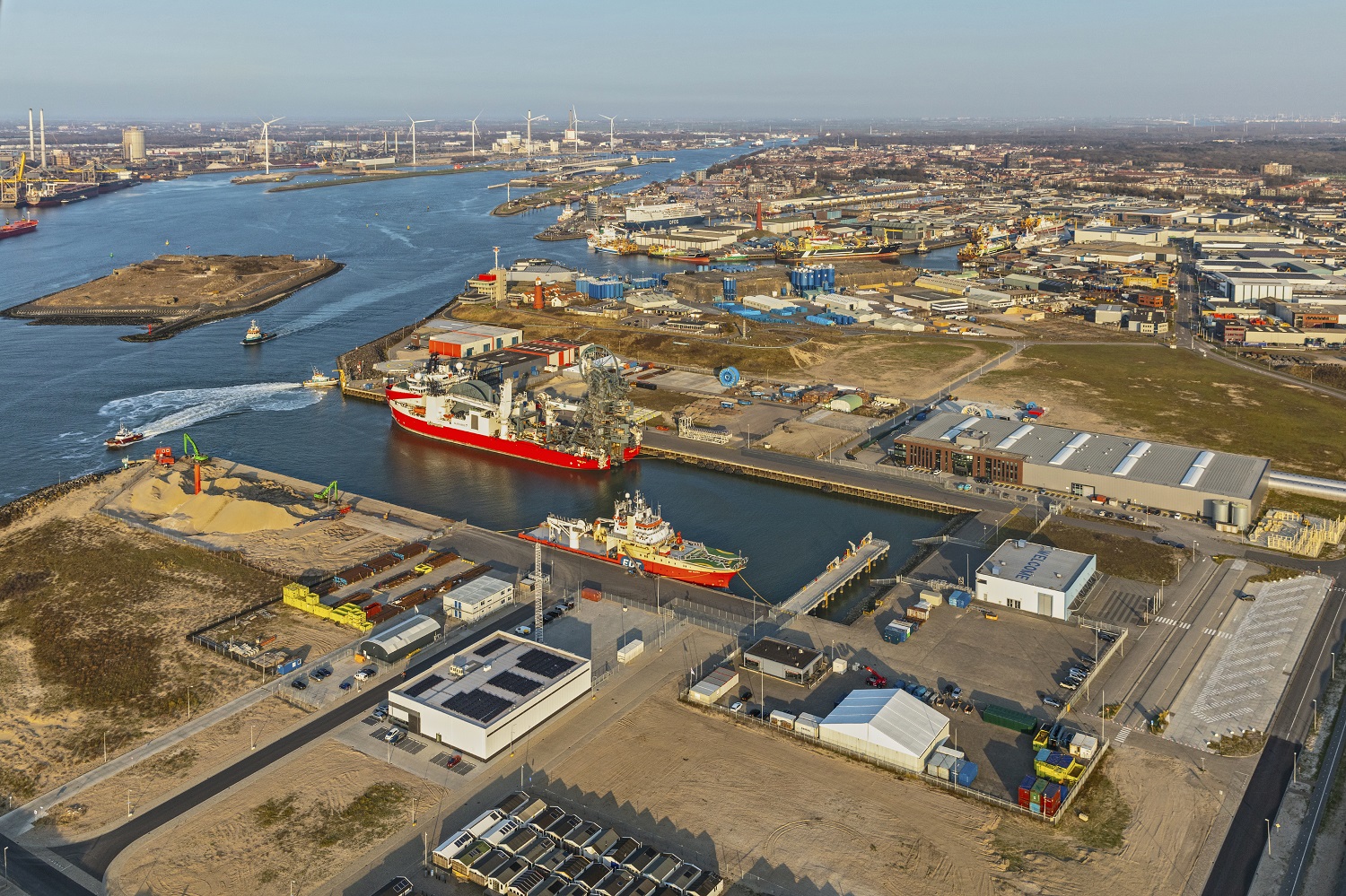 Aerial view of a busy industrial harbour.