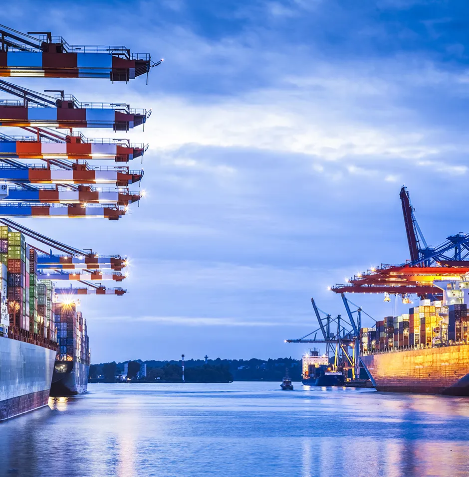 Container ships at a bustling port at dusk.