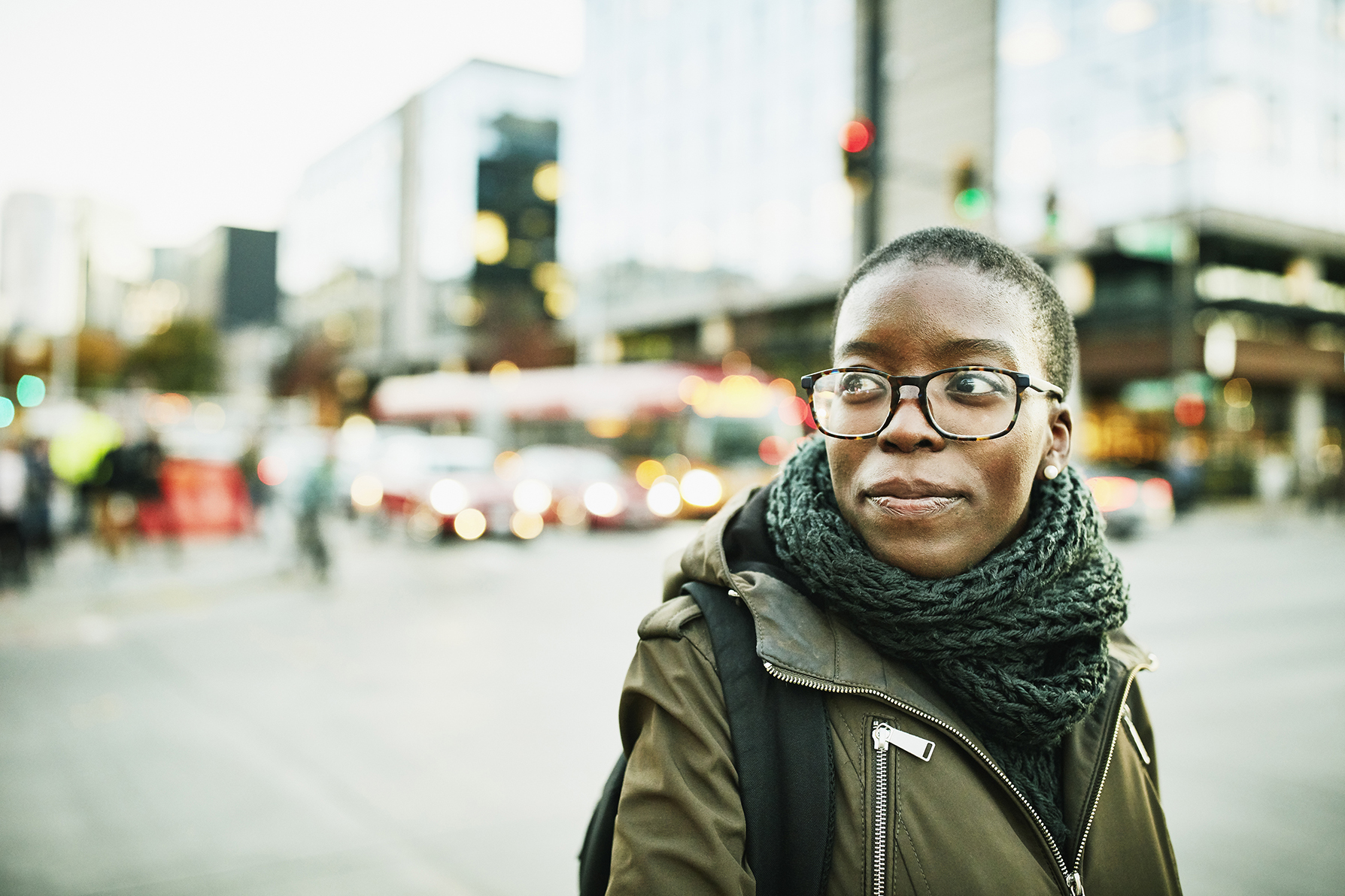 Portrait of businesswoman on street while commuting to work