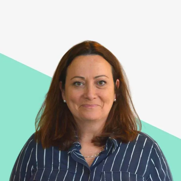 Woman with brown hair in a striped shirt.