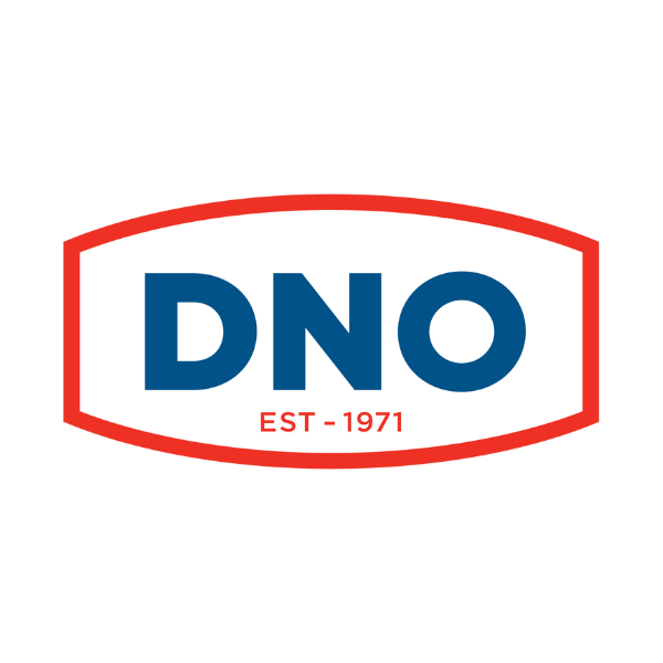 Logo with bold blue "DNO" in a red oval border with "EST-1971" text.