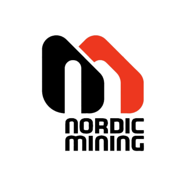 Logo of Nordic Mining in black and red colors.