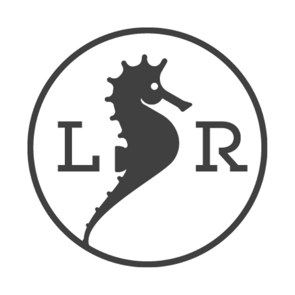 Circular monochromatic logo with a stylised seahorse and letters "L" and "R."