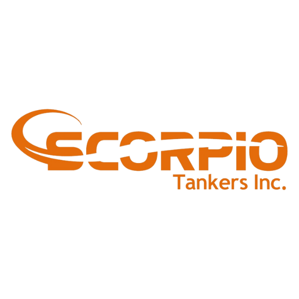 Logo for Scorpio Tankers Inc. with large orange "Scorpio" text on a black background.