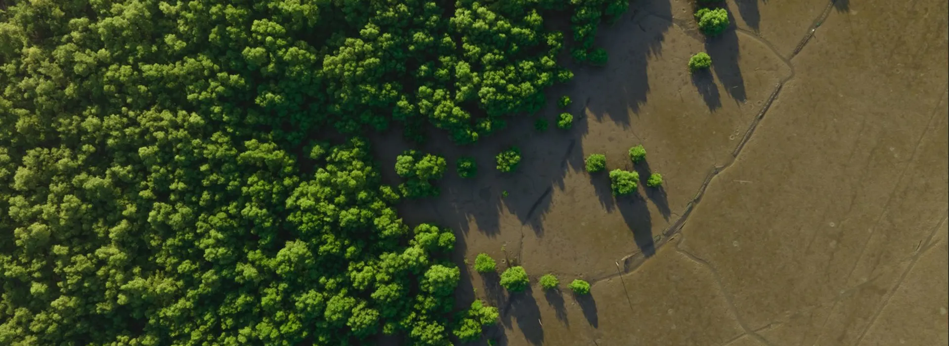 Aerial view of a green forest beside dry land.