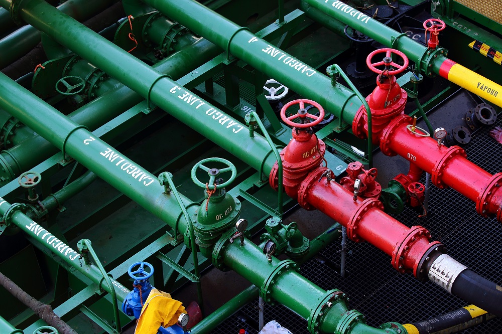 Colorful industrial pipes and valves.